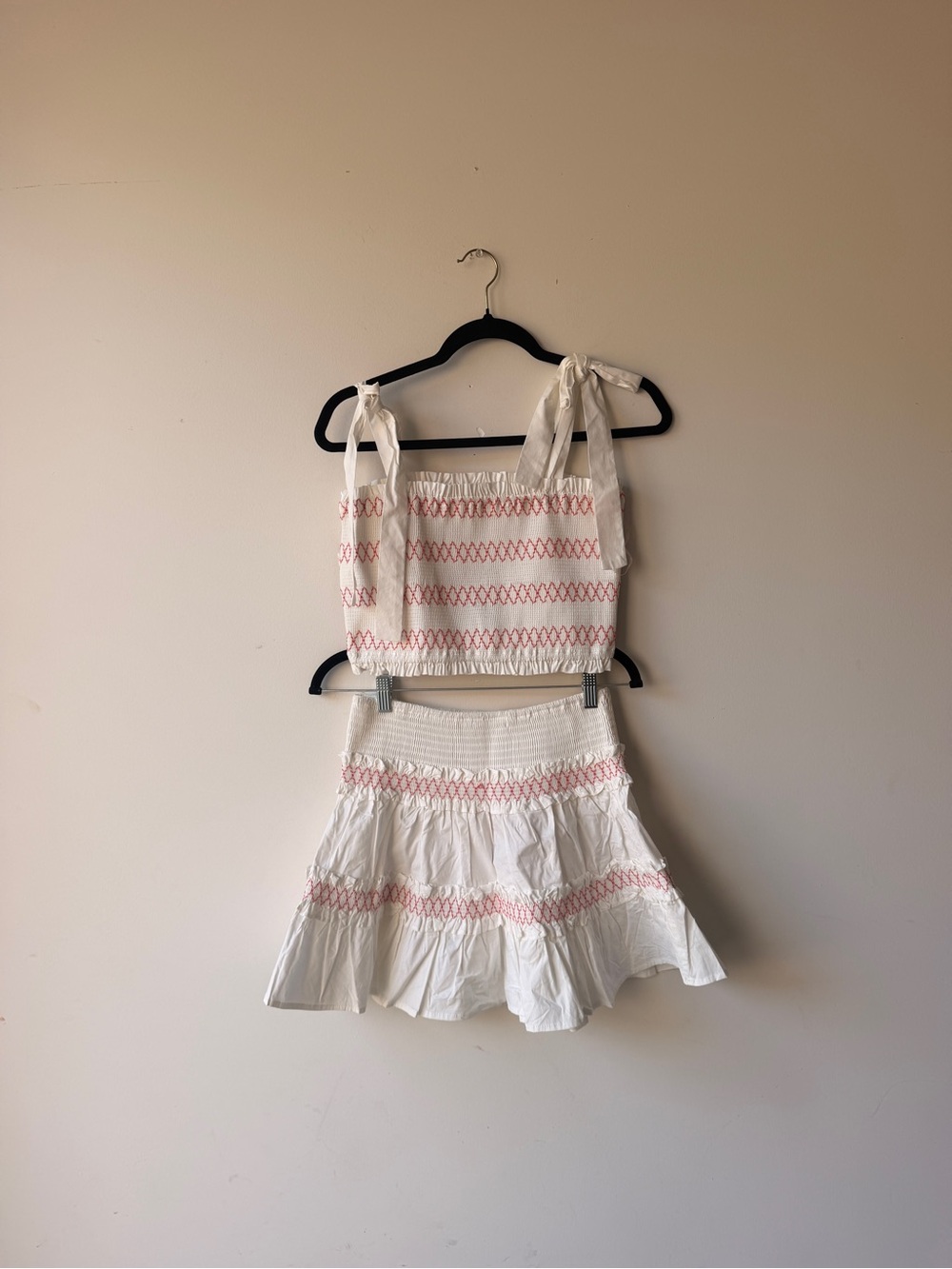 Main Strip White Mini Skirt with Light Orange Smocked Trim